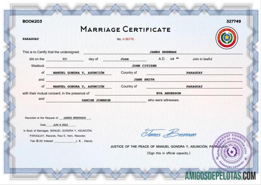 Imprimível modelo Word e PDF de certidão de casamento do Paraguai