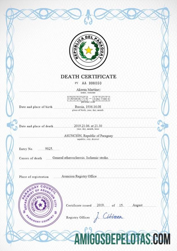 para download Modelo PSD de certidão de óbito de registro vital do Paraguai