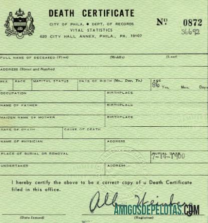 Certidão de óbito do Departamento de Registros da Pensilvânia modelo