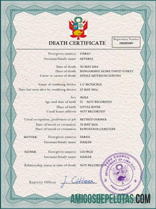 para download Modelo PSD de certidão de óbito do Peru