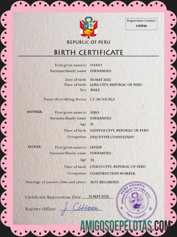 Em branco modelo PSD de certidão de nascimento de registro vital do Peru