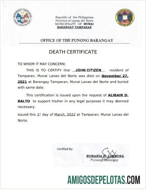 Certidão de óbito do escritório das Filipinas em Punong Barangay amostra