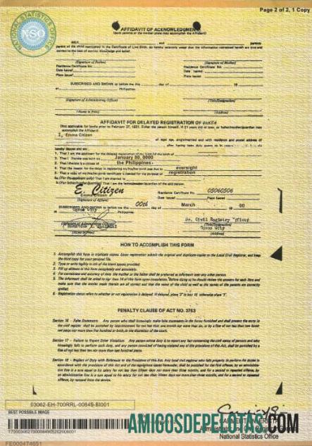 Em branco modelo de certidão de nascimento das Filipinas em formato PSD