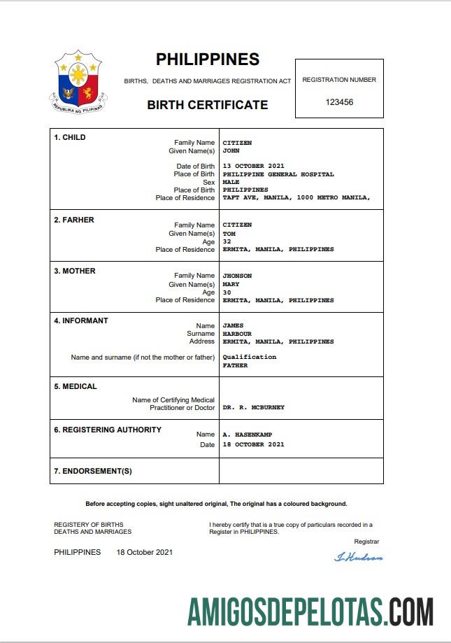 Em branco modelo Word e PDF de certidão de nascimento de registro vital das Filipinas