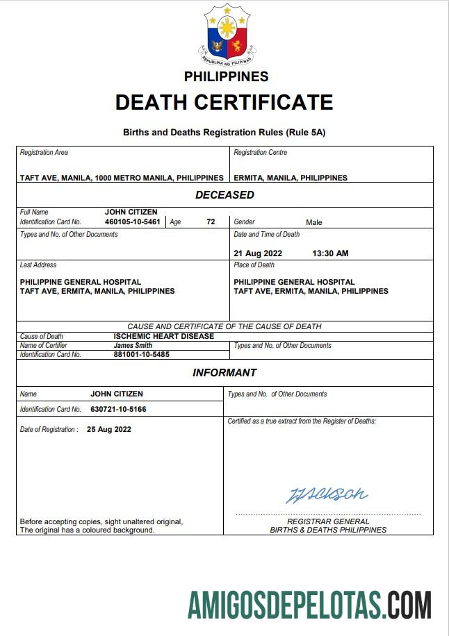 para download Modelo Word e PDF de certidão de óbito de registro vital das Filipinas