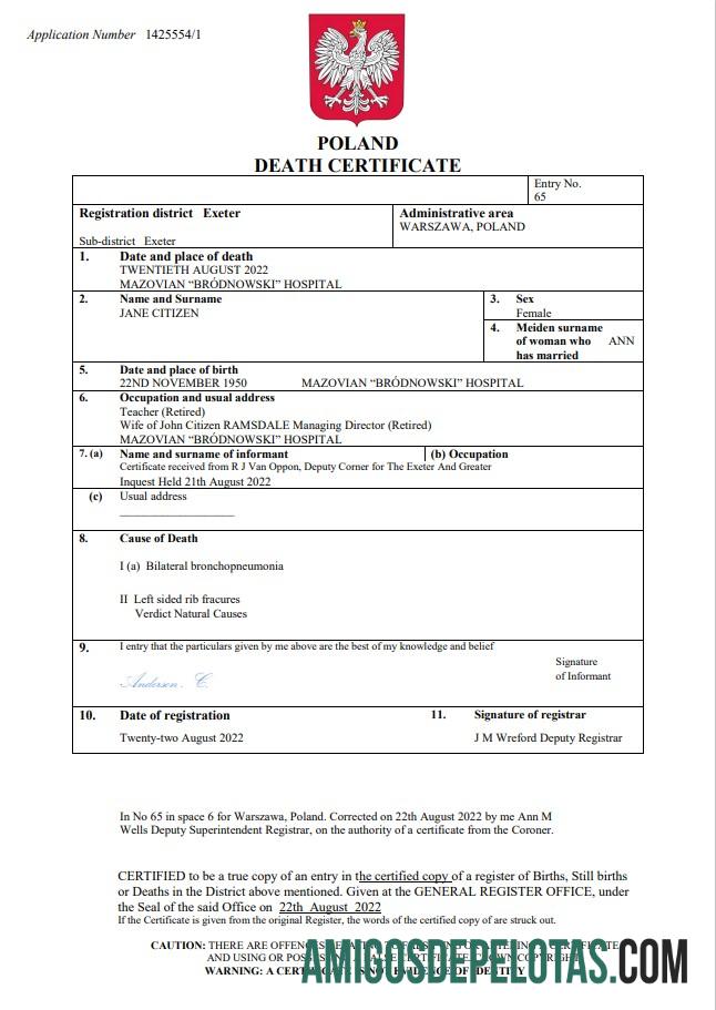 Imprimível modelo Word e PDF de certidão de óbito da Polônia
