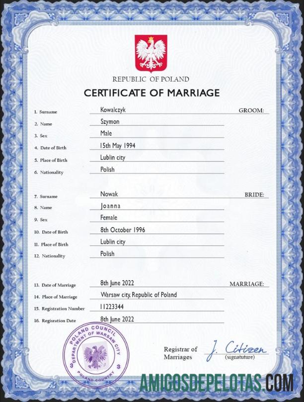 para download Modelo PSD de certidão de casamento na Polônia