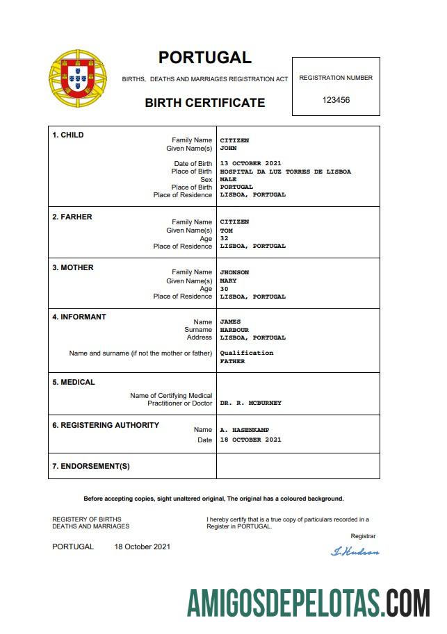 para download Modelo Word e PDF de certidão de nascimento em Portugal