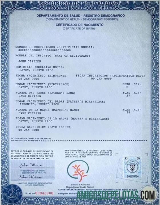 Certidão de nascimento de Porto Rico exemplo
