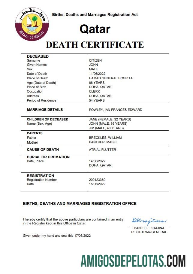 para download Modelo Word e PDF de certidão de óbito de registro vital do Catar