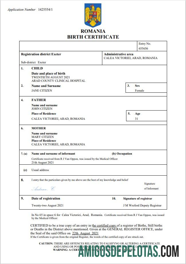 para download Modelo Word e PDF de certidão de nascimento da Romênia