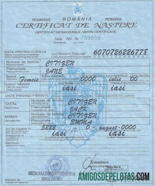 Imprimível modelo de certidão de nascimento da Romênia em formato PSD