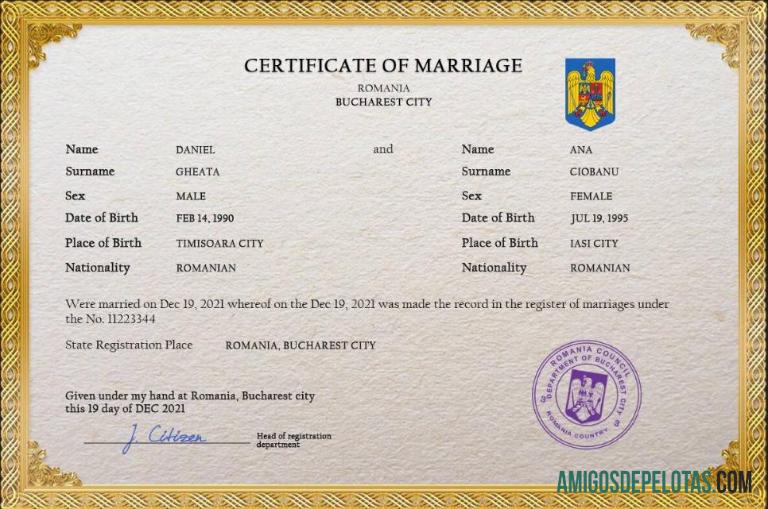 Imprimível modelo PSD de certidão de casamento da Romênia, totalmente editável