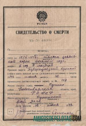 Certidão de óbito do chefe do cartório de registro civil da Rússia exemplo real