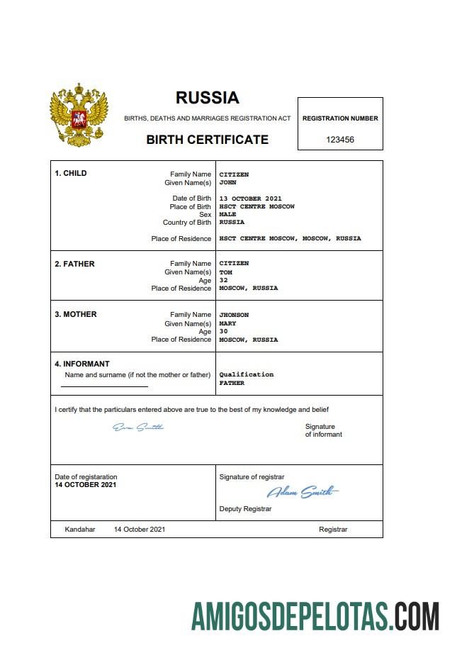 Imprimível modelo Word e PDF de certidão de nascimento de registro vital da Rússia, totalmente editável