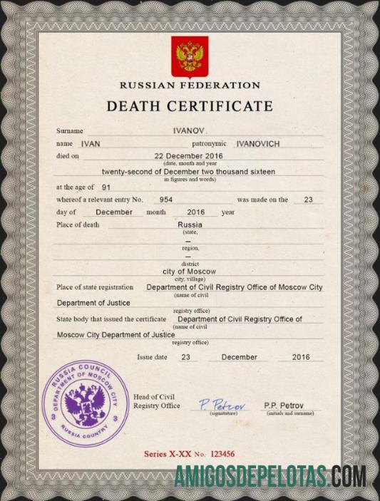 realista Modelo PSD de certidão de óbito de registro vital da Rússia