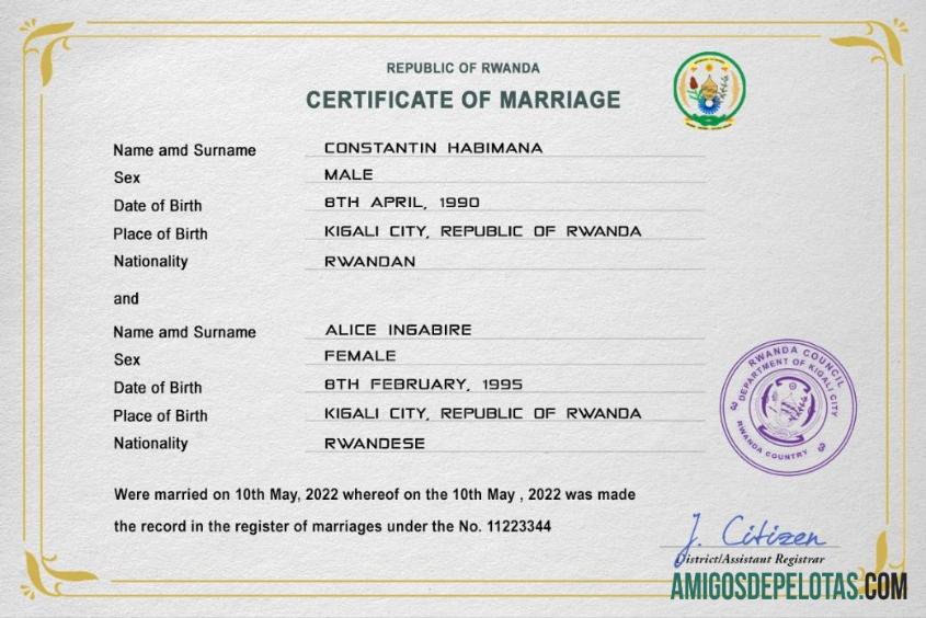realista Modelo PSD de certidão de casamento de Ruanda