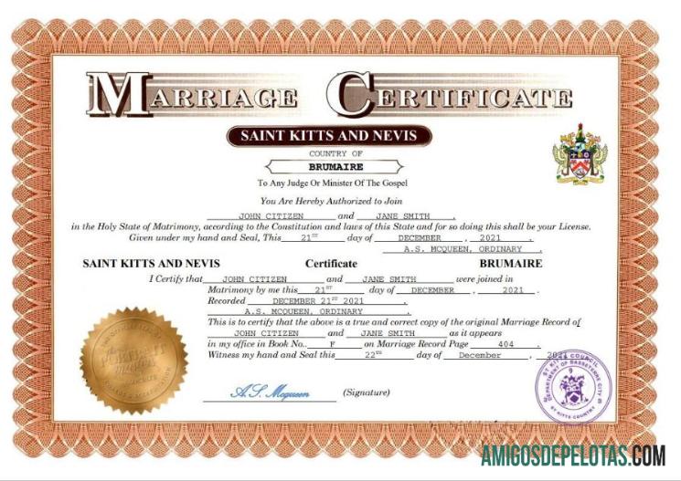 Imprimível modelo Word e PDF de certidão de casamento de São Cristóvão e Nevis