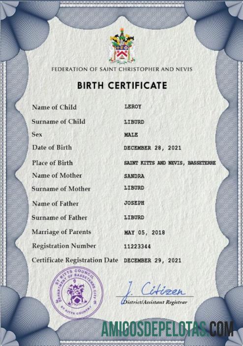 Imprimível modelo PSD de certidão de nascimento de registro vital de São Cristóvão