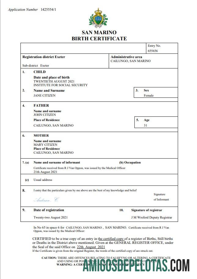 para download Modelo Word e PDF de certidão de nascimento de San Marino