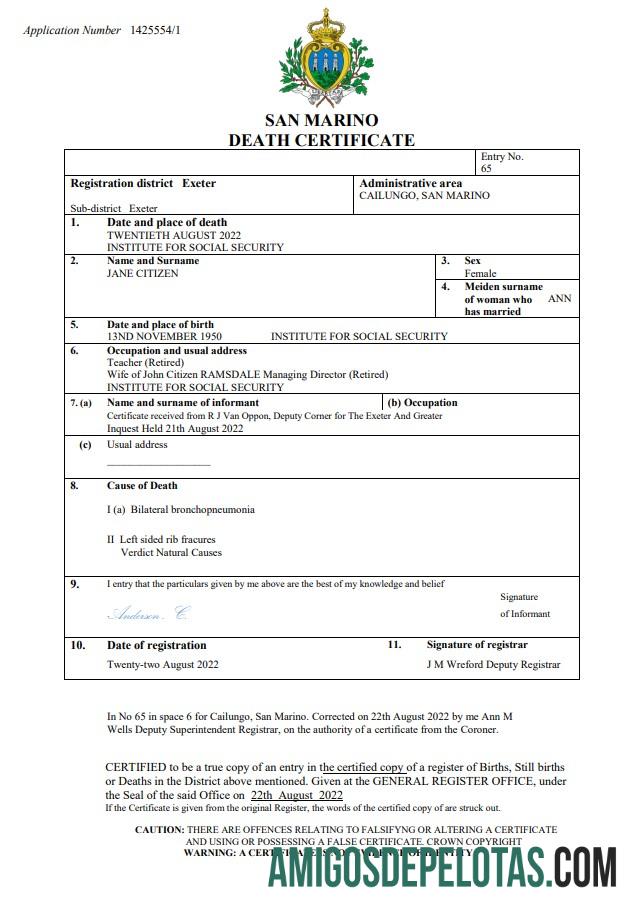 Em branco modelo Word e PDF de certidão de óbito de San Marino