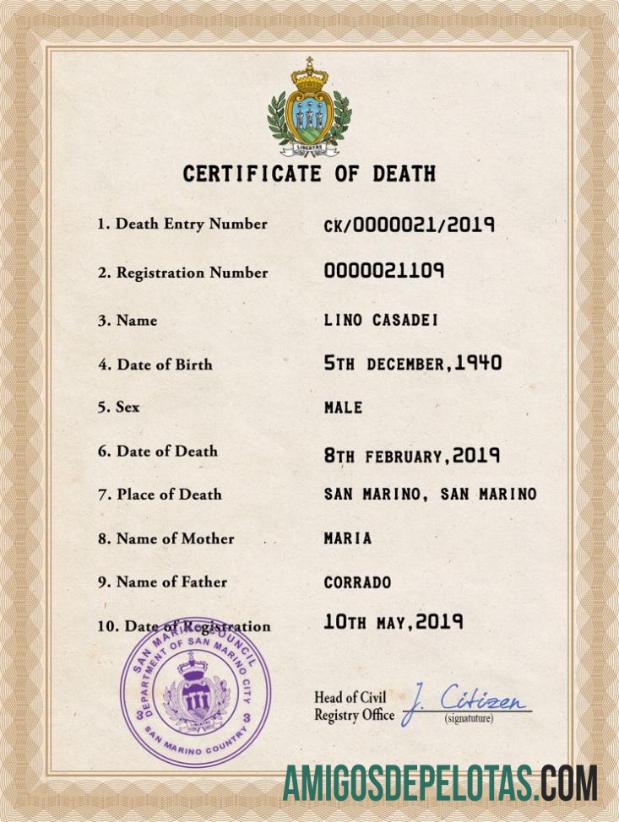 para download Modelo PSD de certidão de óbito de registro vital de San Marino