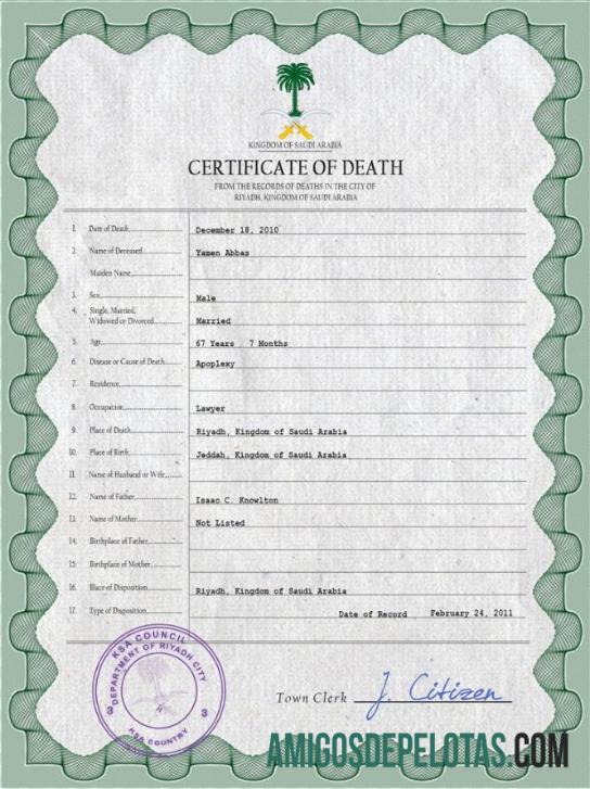 para download Modelo PSD de certidão de óbito da Arábia Saudita