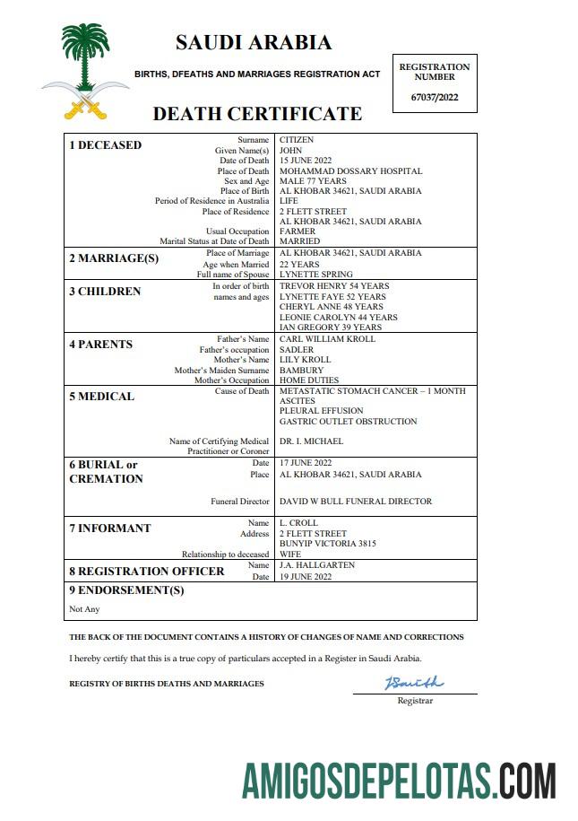 Em branco modelo Word e PDF de certidão de óbito da Arábia Saudita