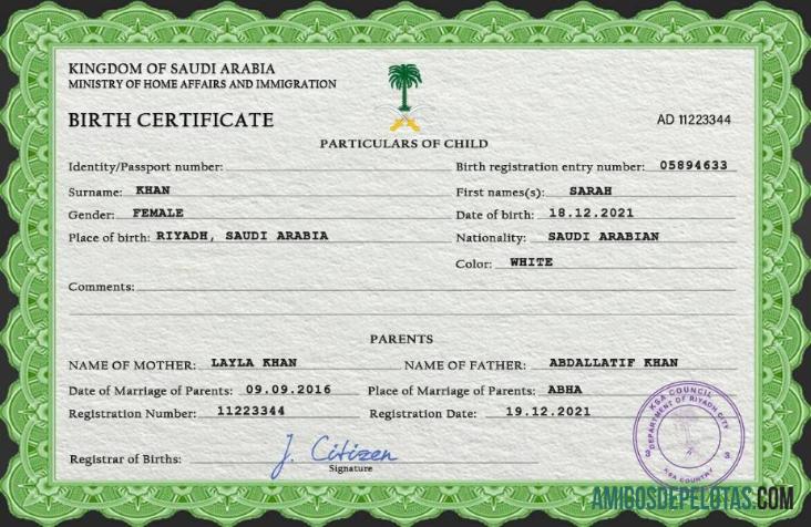 Imprimível modelo PSD de certidão de nascimento de registro vital da Arábia Saudita