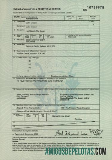 Certidão de Óbito do Registro de Óbitos da Escócia exemplo