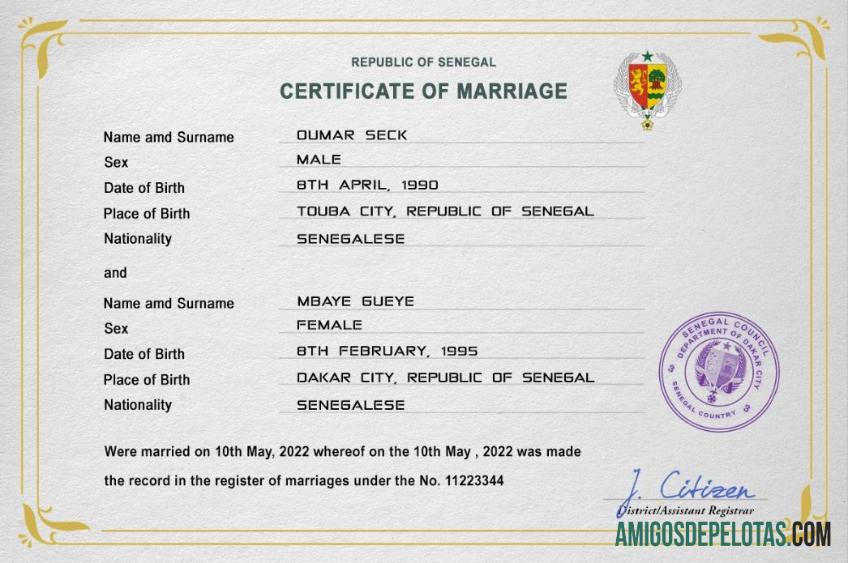 Imprimível modelo PSD de certidão de casamento do Senegal