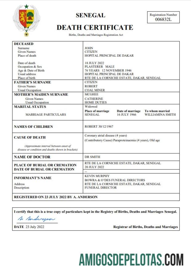 para download Modelo Word e PDF de certidão de óbito de registro vital do Senegal