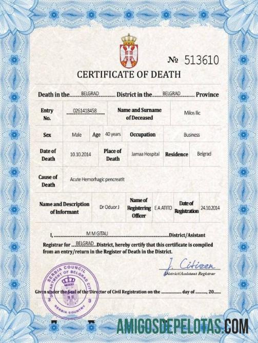 realista Modelo PSD de certidão de óbito da Sérvia
