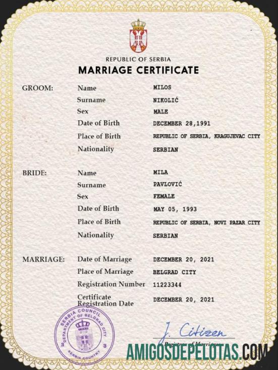 para download Modelo PSD de certidão de casamento da Sérvia