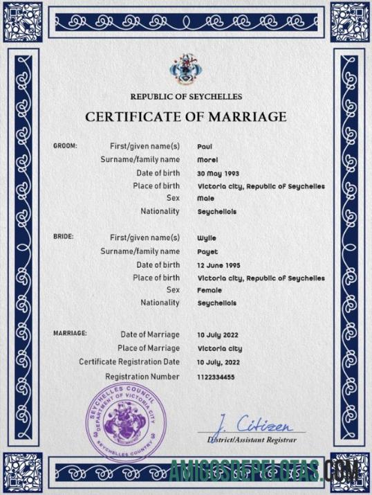 Imprimível modelo PSD de certidão de casamento das Seychelles