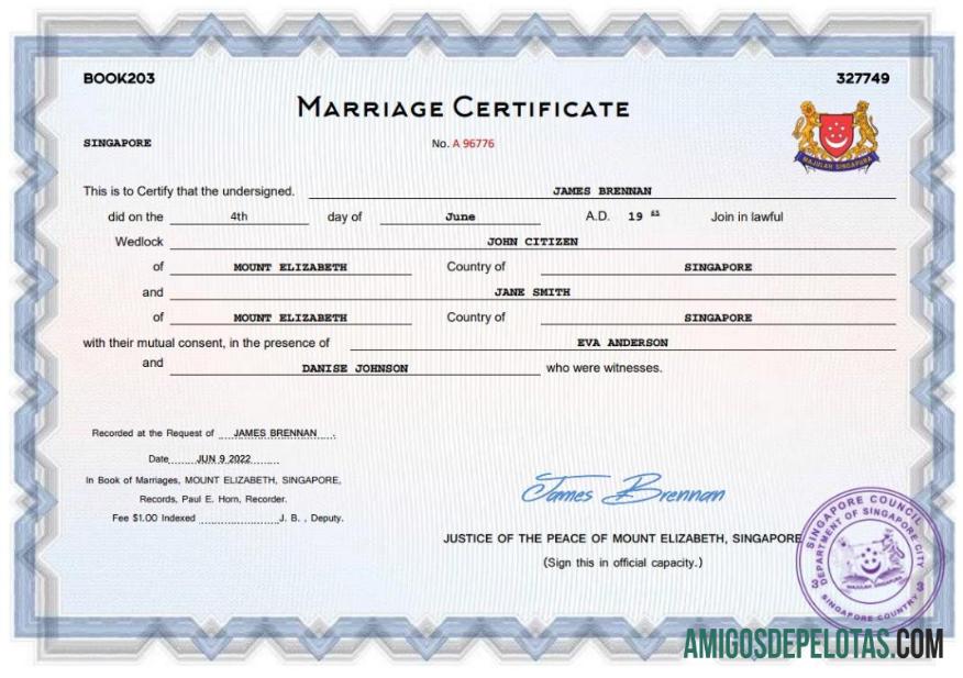Imprimível modelo Word e PDF de certidão de casamento em Singapura
