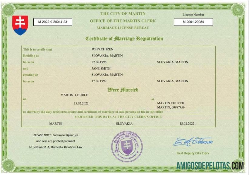 para download Modelo Word e PDF de certidão de casamento da Eslováquia