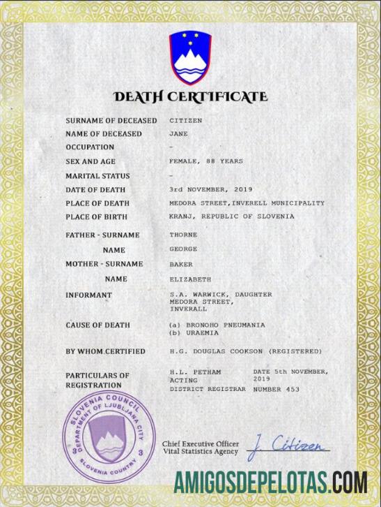 Em branco modelo PSD de certidão de óbito da Eslovênia