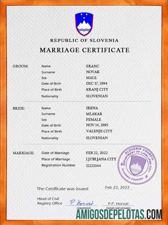 para download Modelo PSD de certidão de casamento na Eslovênia