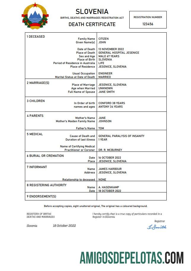 para download Modelo Word e PDF de certidão de óbito de registro vital da Eslovênia