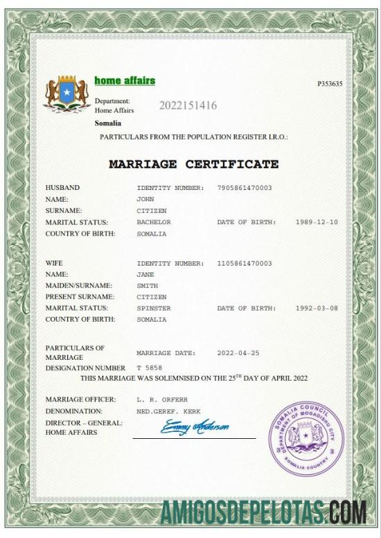 para download Modelo Word e PDF de certidão de casamento da Somália
