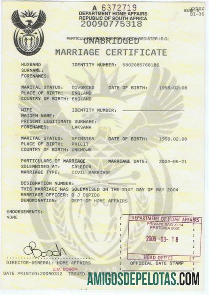 Certidão de Casamento de Assuntos Internos do Departamento da África do Sul exemplo