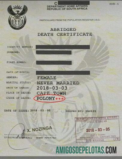 Certidão de Óbito do Departamento de Assuntos Internos da África do Sul modelo