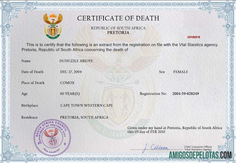 para download Modelo PSD de certidão de óbito da África do Sul