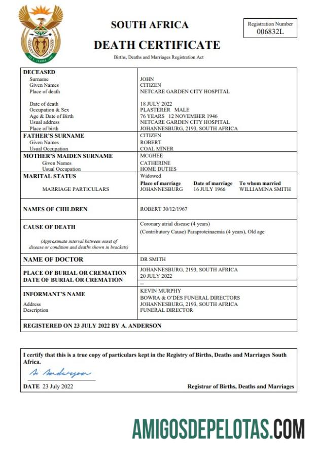 Imprimível modelo Word e PDF de certidão de óbito da África do Sul