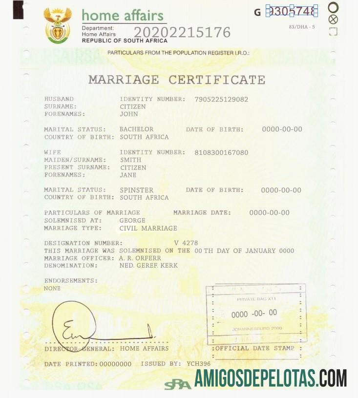 Imprimível modelo de certidão de casamento da África do Sul em formato PSD