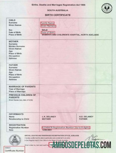 Certidão de nascimento do escritório de registro de nascimentos e óbitos da Austrália do Sul modelo