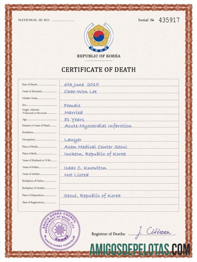 Em branco modelo PSD de certidão de óbito de registro vital da Coreia do Sul