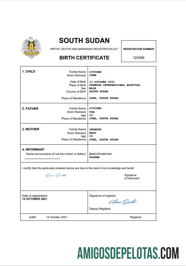 para download Modelo Word e PDF de certidão de nascimento de registro vital do Sudão do Sul