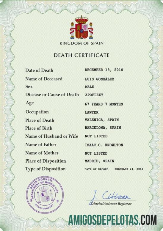 para download Modelo PSD de certidão de óbito na Espanha